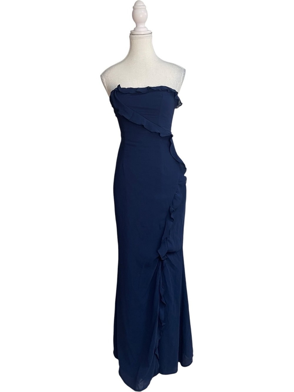 Lulus Excellent Sensation Strapless Ruffled Maxi Dress Navy Blue